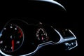 Close up shot of a speedometer in a car. Car dashboard. Dashboard details with indication lamps.Car instrument panel. Dashboard wi Royalty Free Stock Photo