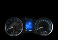 Close up shot of a speedometer in a car. Car dashboard. Dashboard details with indication lamps.Car instrument panel. Dashboard wi Royalty Free Stock Photo