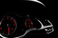 Close up shot of a speedometer in a car. Car dashboard. Dashboard details with indication lamps.Car instrument panel. Dashboard wi