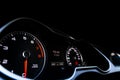 Close up shot of a speedometer in a car. Car dashboard. Dashboard details with indication lamps.Car instrument panel. Dashboard wi Royalty Free Stock Photo