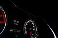Close up shot of a speedometer in a car. Car dashboard. Dashboard details with indication lamps.Car instrument panel. Dashboard wi Royalty Free Stock Photo