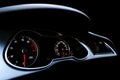 Close up shot of a speedometer in a car. Car dashboard. Dashboard details with indication lamps.Car instrument panel. Dashboard wi Royalty Free Stock Photo