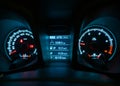 Close up shot of a speedometer and interior modern car console. Royalty Free Stock Photo