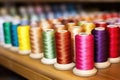 close-up shot of spools of thread on a sewing table Royalty Free Stock Photo