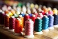 close-up shot of spools of thread on a sewing table Royalty Free Stock Photo