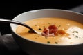 Close-up shot of a spoonful of lobster bisque soup with visible chunks of tender lobster meat