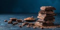 A stack of chocolate squares with cocoa powder and chocolate pieces on a dark surface Royalty Free Stock Photo