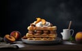 A Close up Shot of a Stack of Fluffy Waffles with Whipped Cream. Generative AI