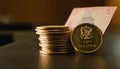 Stack of gold coins with single coin and banknote money Royalty Free Stock Photo