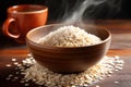 close-up shot of a steaming bowl of whole grain oatmeal