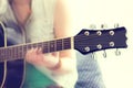 Close up shot of strings and guitarist hands playing guitar Royalty Free Stock Photo