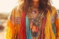 A close-up shot of a stylish individual wearing vintage hippie fashion, featuring flowing fabrics, fringe, and vibrant colors.