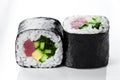 Close up shot Sushi rolls with tuna and cucumber on a white background