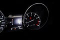 Close up shot of a tachometer in a car. Car dashboard. Dashboard details with indication lamps. Car instrument panel. Dashboard Royalty Free Stock Photo