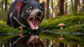 Tasmanian Devil Sarcophilus harrisii Roaring by a Calm Pond Reflecting the Forest Scenery Royalty Free Stock Photo