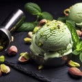 Close-up shot of a tasty pistachio ice cream decorated with mint, scattered pistachios are nearby, served with a metal scoop on a