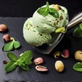 Close-up shot of a tasty pistachio ice cream decorated with mint, scattered pistachios are nearby, served with a metal scoop on a