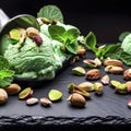 Close-up shot of a tasty pistachio ice cream decorated with mint, scattered pistachios are nearby, served with a metal scoop on a