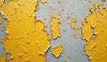 Close-up shot textured wall surface with peeling yellow paint. Flaking paint layers beneath, creating rough damaged grunge