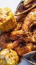 A close-up shot of thaifood corn prawn oyster streetfood vercal