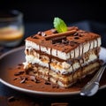 a close-up shot of tiramisu served on a chic dessert plate, emphasizing its creamy texture and delicate layers Royalty Free Stock Photo