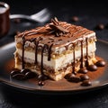 a close-up shot of tiramisu served on a chic dessert plate, emphasizing its creamy texture and delicate layers Royalty Free Stock Photo