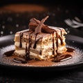 a close-up shot of tiramisu served on a chic dessert plate, emphasizing its creamy texture and delicate layers Royalty Free Stock Photo