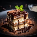 a close-up shot of tiramisu served on a chic dessert plate, emphasizing its creamy texture and delicate layers Royalty Free Stock Photo
