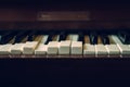 Close up shot to broken piano keys in abandoned house. An ancient musical instrument. Old broken disused piano with damaged keys Royalty Free Stock Photo