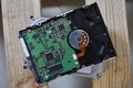 Close up shot to a hard disk drive on a wooden background Royalty Free Stock Photo