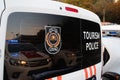 Close up shot of tourism police car emblem on rear window. Editorial shot in istanbul Turkey