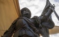 Close-up and shot towards the sky of the statue and tribute to Pedro de Valdivia at sunset.