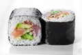 Close up shot of traditional fresh japanese sushi rolls on a white background Royalty Free Stock Photo