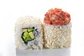 Close up shot of traditional fresh japanese sushi rolls on a white background Royalty Free Stock Photo