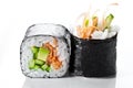 Close up shot of traditional fresh japanese sushi rolls on a white background. Vegetarian sushi roll Royalty Free Stock Photo