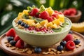 Close - up shot of a tropical paradise smoothie bowl with a thick, creamy texture and vivid fruit toppings Royalty Free Stock Photo