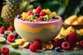 Close - up shot of a tropical paradise smoothie bowl with a thick, creamy texture and vivid fruit toppings Royalty Free Stock Photo