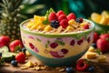 Close - up shot of a tropical paradise smoothie bowl with a thick, creamy texture and vivid fruit toppings