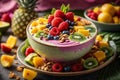 Close - up shot of a tropical paradise smoothie bowl with a thick, creamy texture and vivid fruit toppings Royalty Free Stock Photo