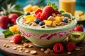 Close - up shot of a tropical paradise smoothie bowl with a thick, creamy texture and vivid fruit toppings