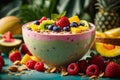 Close - up shot of a tropical paradise smoothie bowl with a thick, creamy texture and vivid fruit toppings Royalty Free Stock Photo