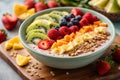 Close - up shot of a tropical paradise smoothie bowl with a thick, creamy texture and vivid fruit toppings