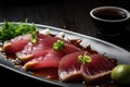 Close-up shot of tuna Sashimi with a soy sauce and wasabi dip Royalty Free Stock Photo