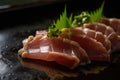 Close-up shot of tuna Sashimi with a soy sauce and wasabi dip Royalty Free Stock Photo