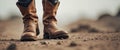 Close up shot of two boots walking in dirt ground. Royalty Free Stock Photo