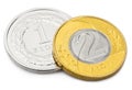 Close up shot of two coins of Polish national currency - Zloty Royalty Free Stock Photo