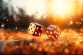 close up shot of two red dice rolling on the ground Royalty Free Stock Photo