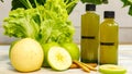 Close up shot of two tasty healthy delicious cold drink green mixed fruits and vegetable juice bottles with no brand for Royalty Free Stock Photo