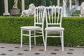 Close up shot of two white wedding chairs arranged next to a green fence Royalty Free Stock Photo