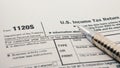 Close up shot of United States Internal Revenue Service IRS tax return form 1120S for small corporations also known as S-Corps.